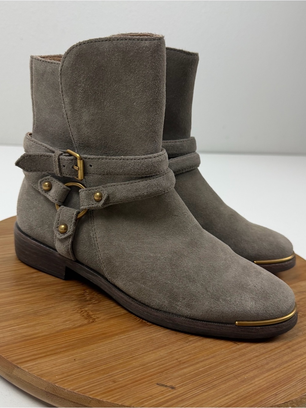 UGG Taupe Suede Harness Ankle Boots with Brass Accents
